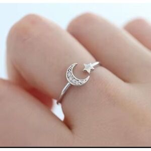 925 Silver Crescent Moon &‎ Star Adjustable Ring Dainty Celestial Women